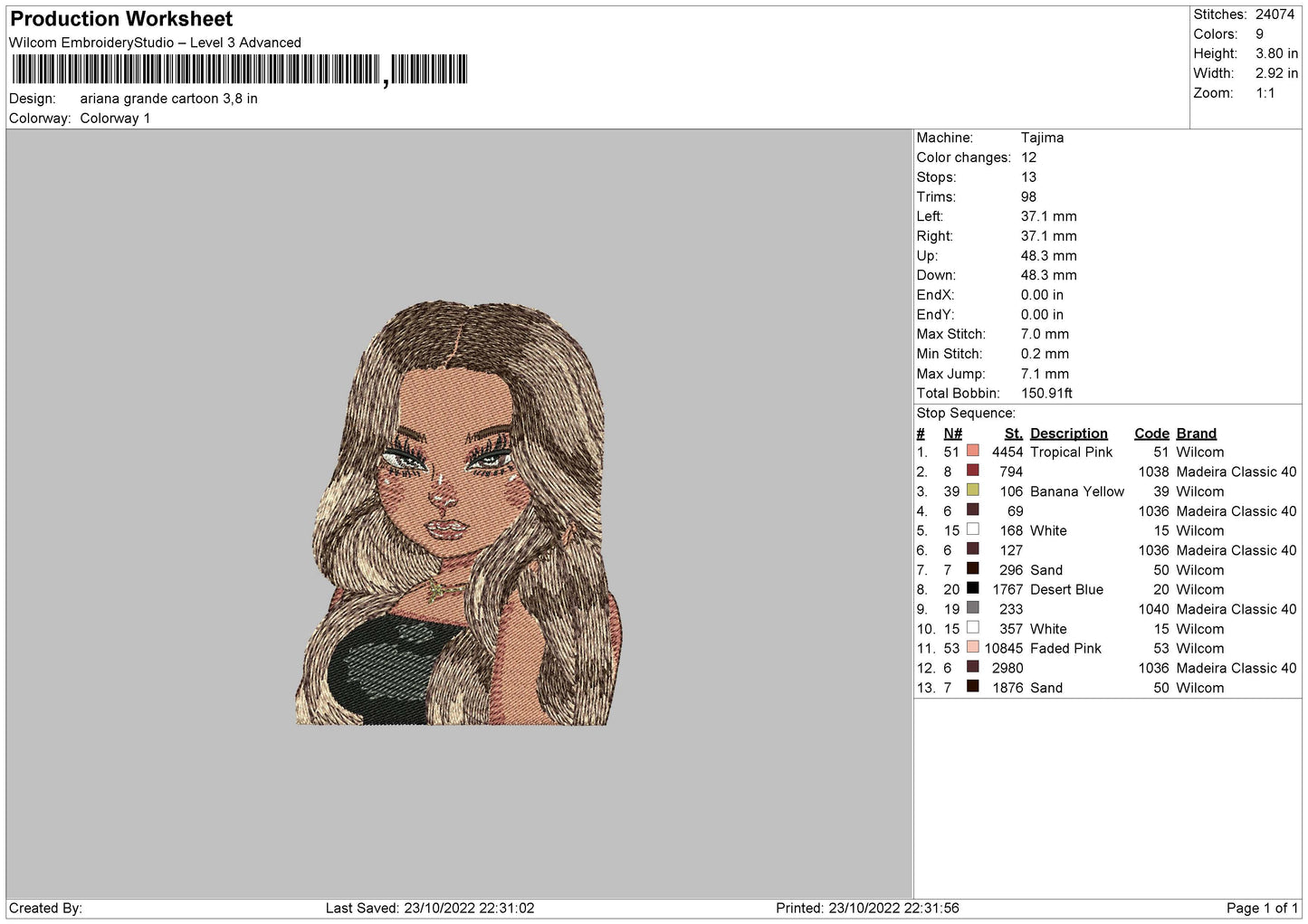 Ariana Cartoon Embroidery File 5 sizes