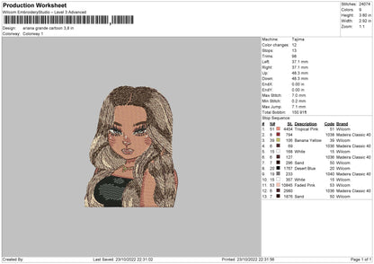 Ariana Cartoon Embroidery File 5 sizes