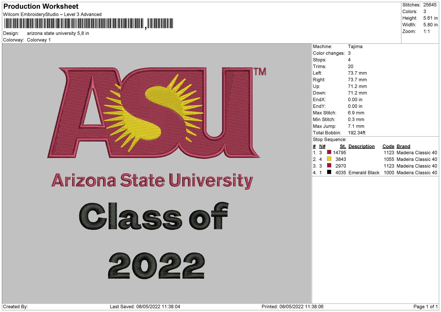 Arizona State University Embroidery File 4 size