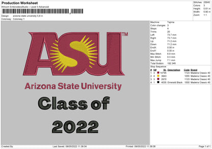 Arizona State University Embroidery File 4 size