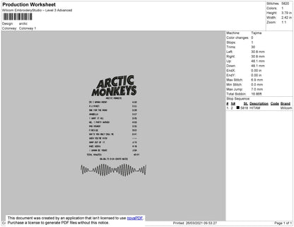 Artic Monkey Playlist Embroidery File 4 size