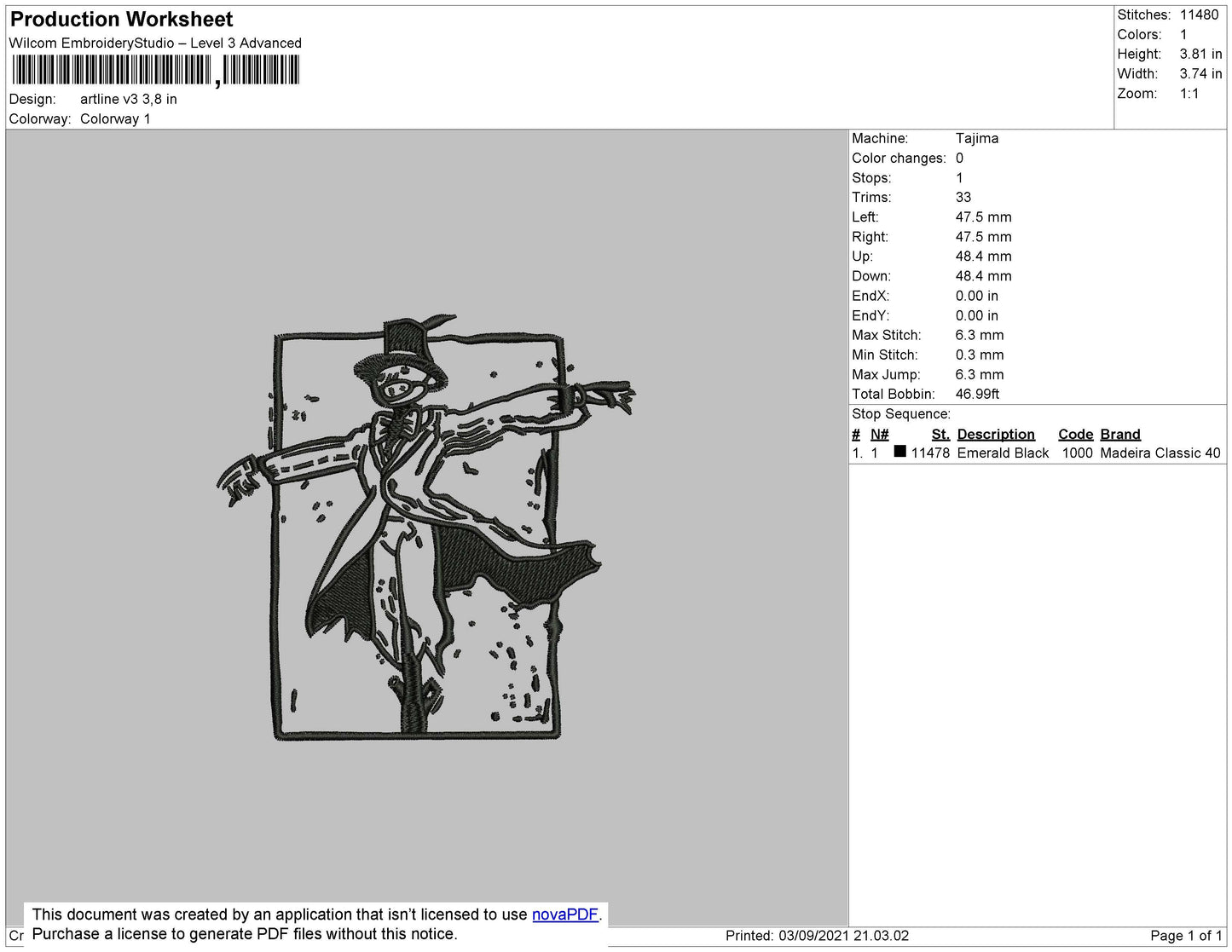 Artline V3 - no face spirired away  Embroidery File 4 size