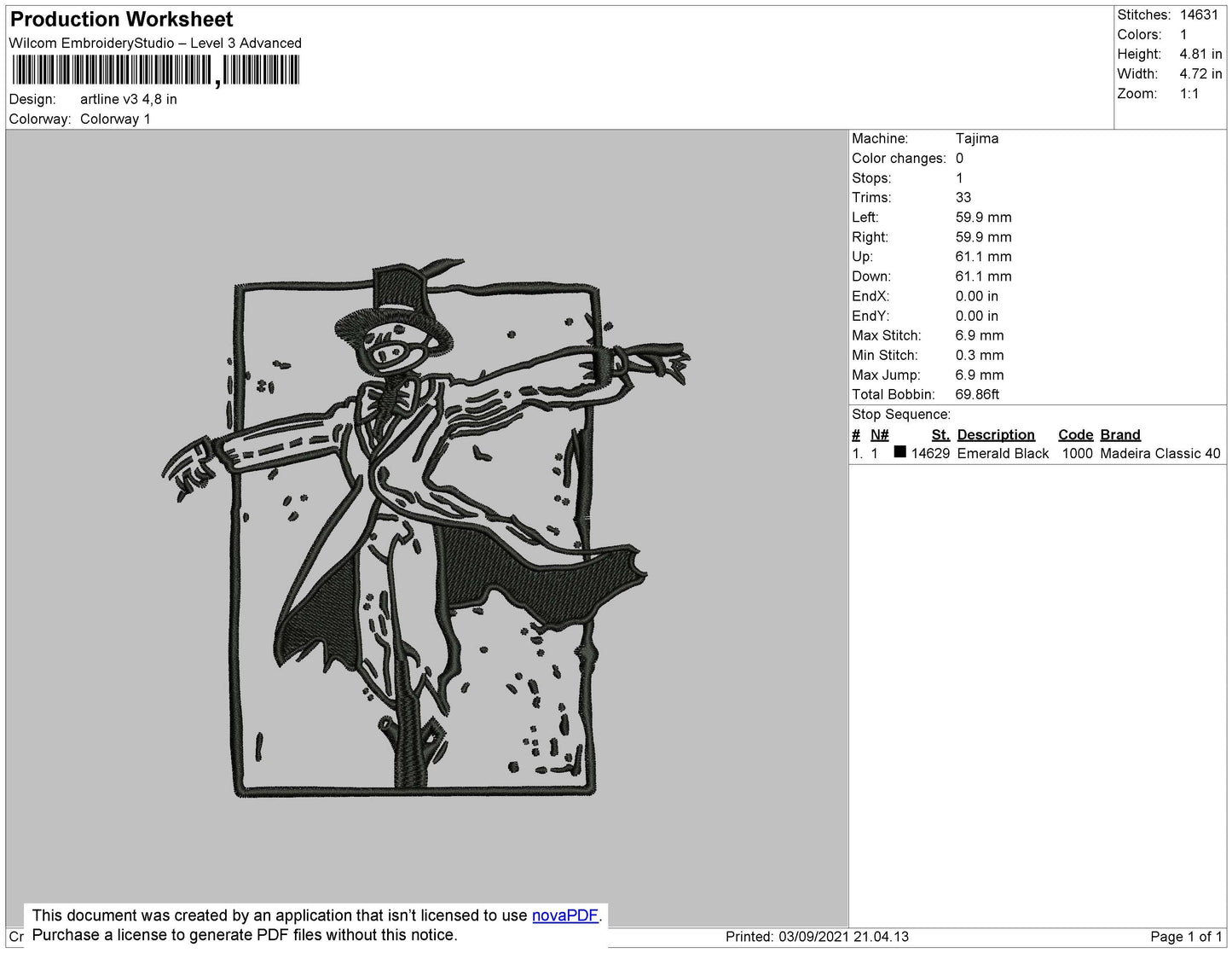 Artline V3 - no face spirired away  Embroidery File 4 size