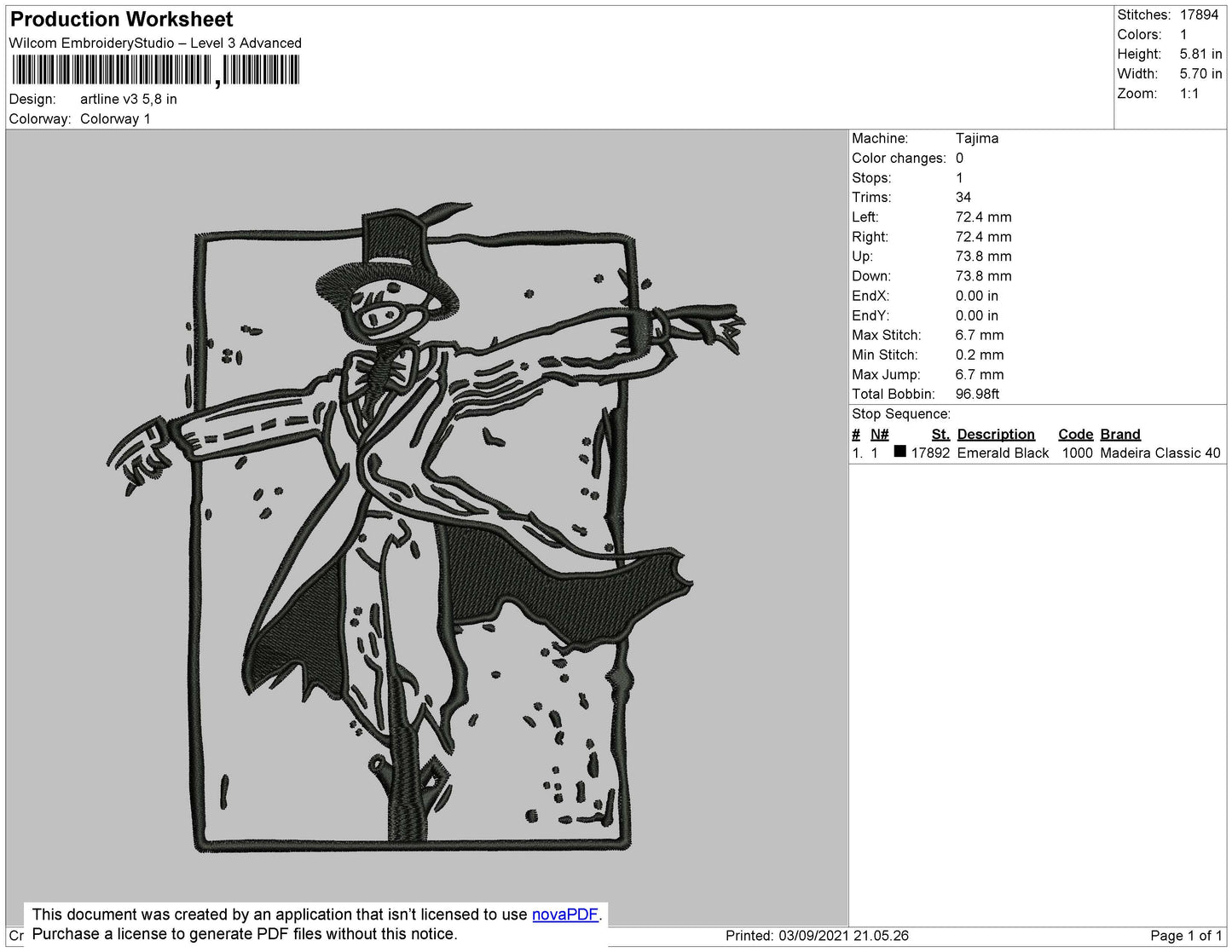Artline V3 - no face spirired away  Embroidery File 4 size