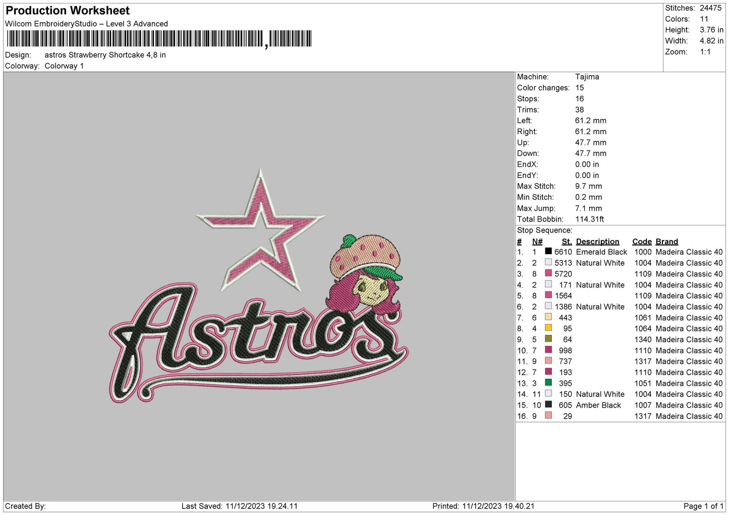Astros Strawberry Embroidery File 6 sizes