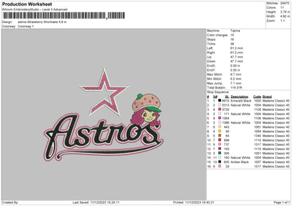 Astros Strawberry Embroidery File 6 sizes