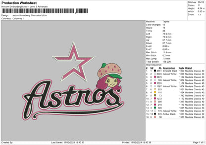 Astros Strawberry Embroidery File 6 sizes