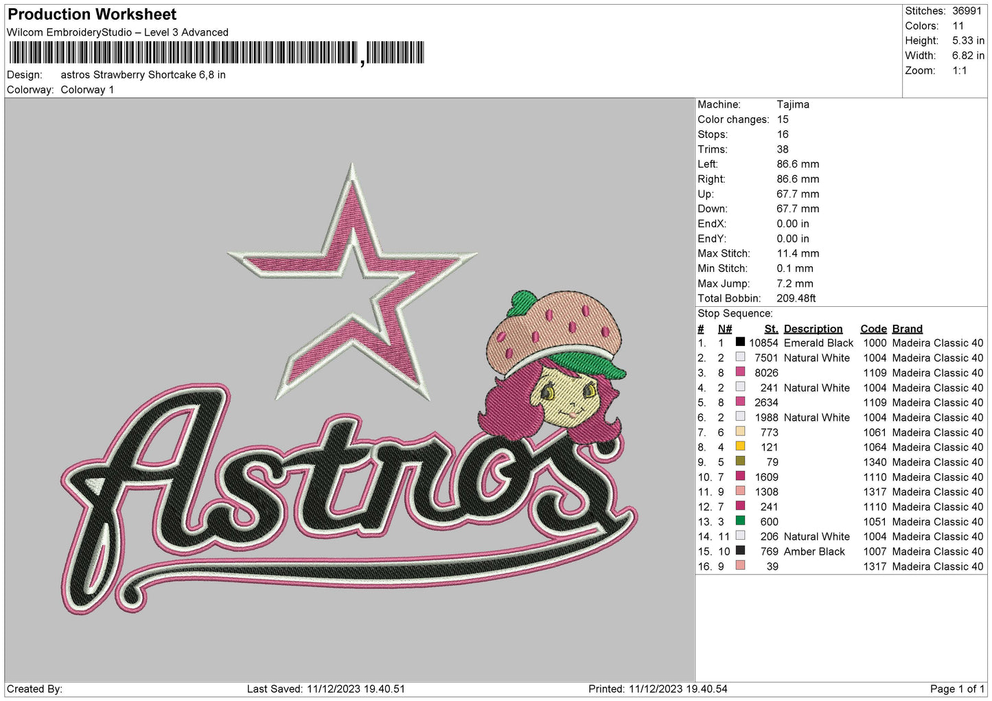 Astros Strawberry Embroidery File 6 sizes