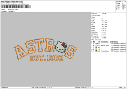 Astros kitty est. 1962 Embroidery File 6 sizes