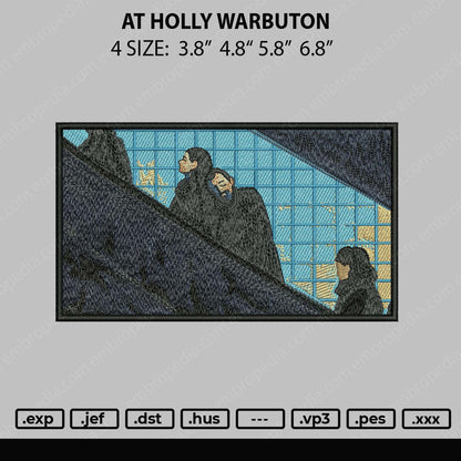 Digital embroidery design depicting a scene with two figures, labeled with 'At Holly Warburtor' and sizes 3.8', 4.