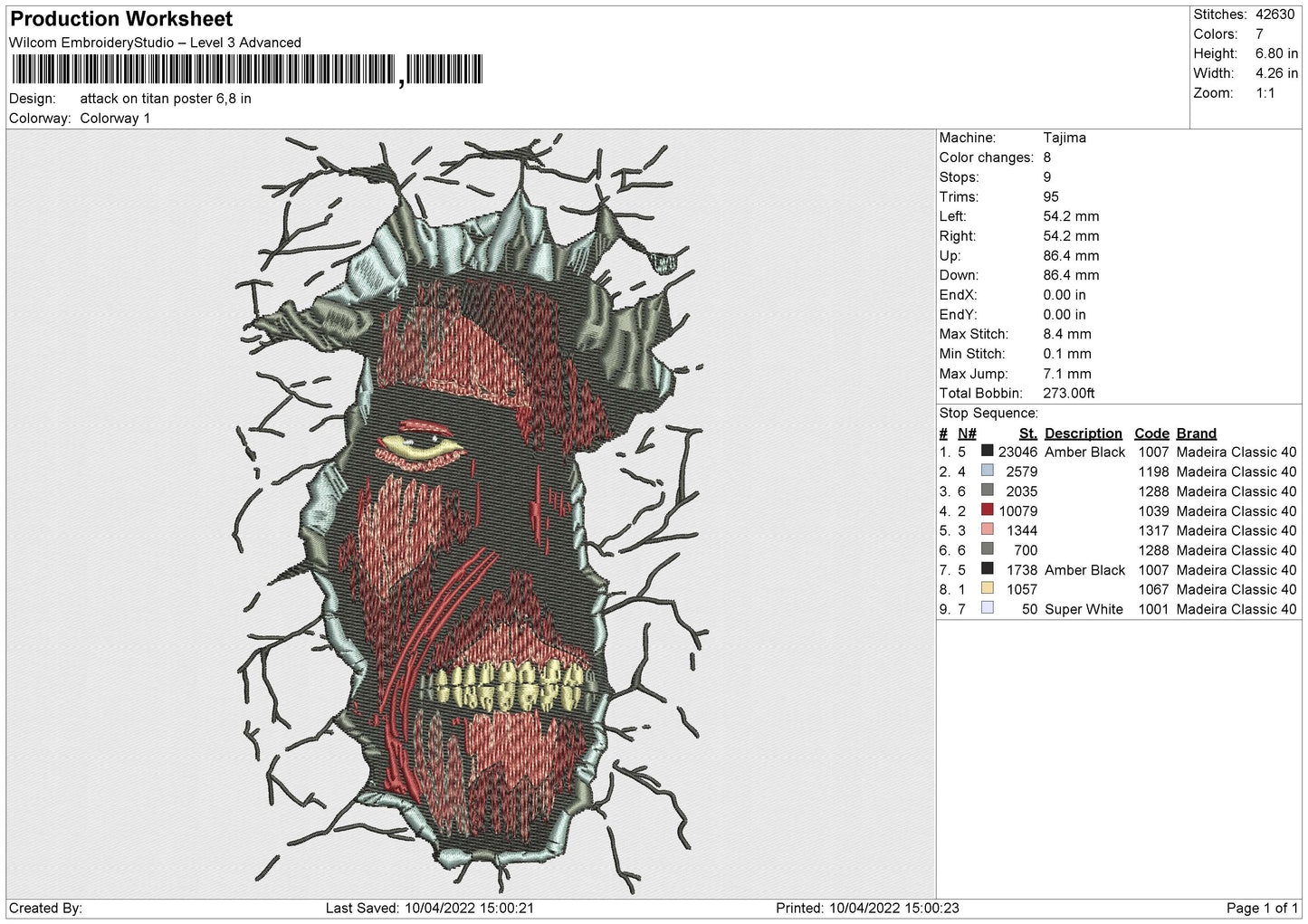 Attack On Titan Poster Embroidery File 4 size