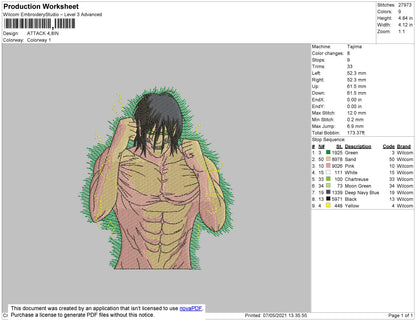 Attack Eren Embroidery File 4 size