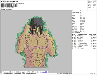 Attack Eren Embroidery File 4 size
