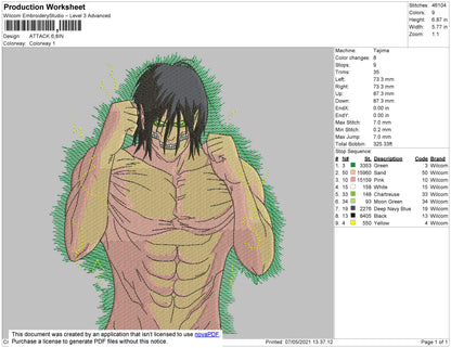 Attack Eren Embroidery File 4 size