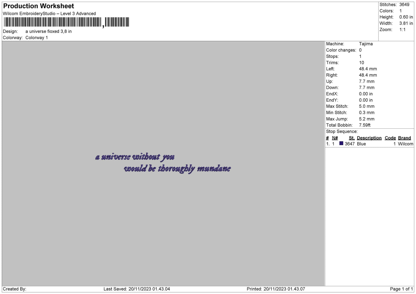 Universe Text Embroidery File 6 Sizes