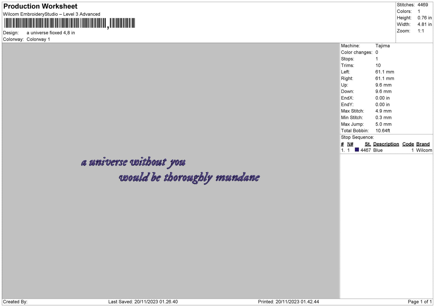 Universe Text Embroidery File 6 Sizes