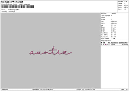 Auntie script Embroidery File 6 sizes