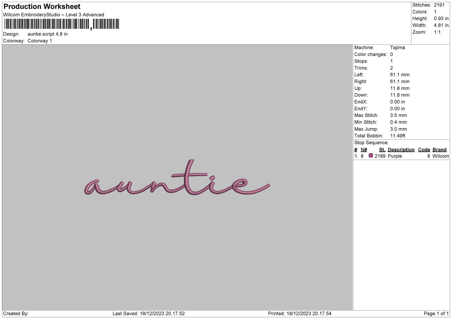 Auntie script Embroidery File 6 sizes