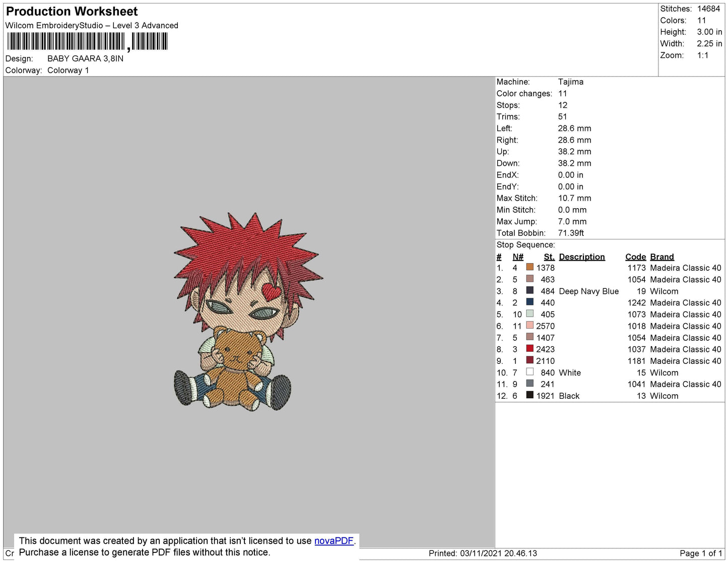 Baby Gaara Embroidery File 4 size
