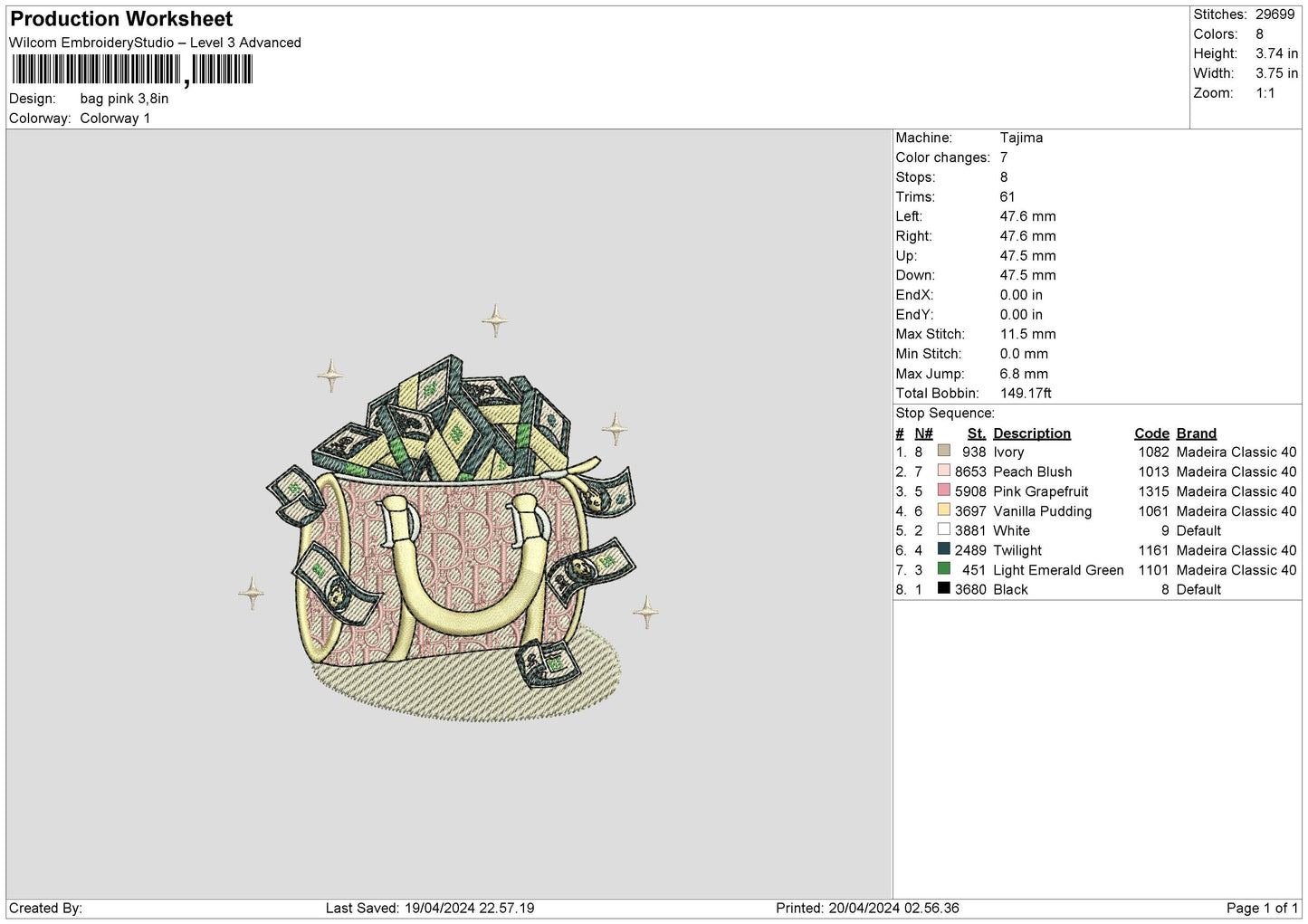 Bag pink DIOR Embroidery File 6 sizes