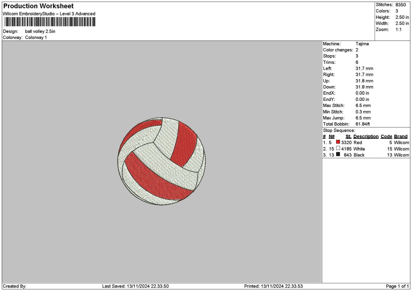 Ball Volley Embroidery File 6 sizes