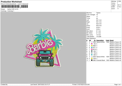 Barbie Car Embroidery File 6 sizes