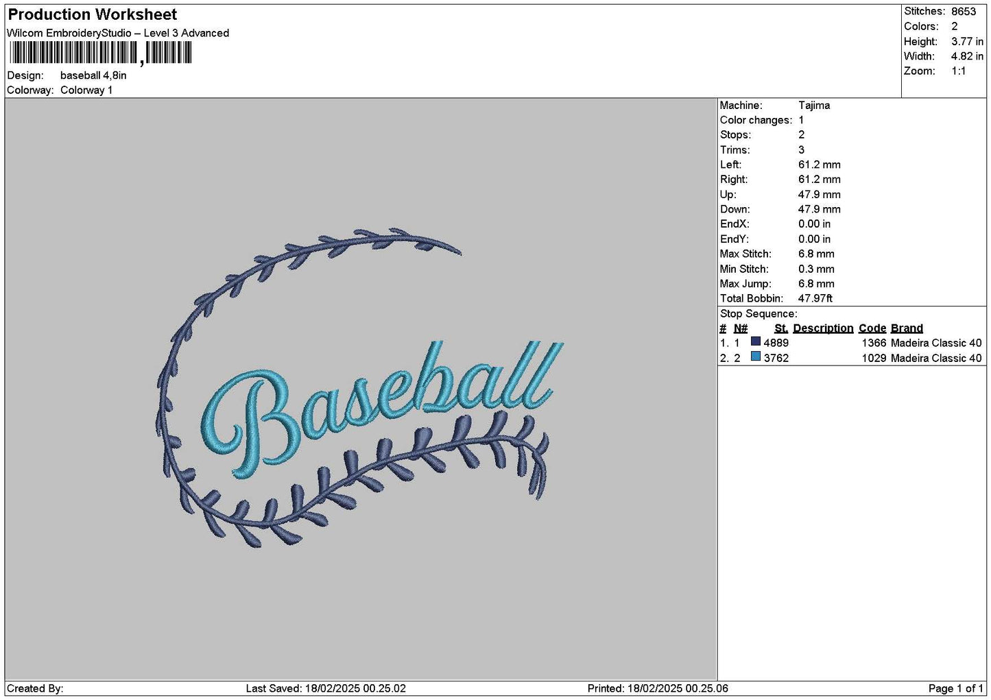 Baseballtext 1802 Embroidery File 6 sizes