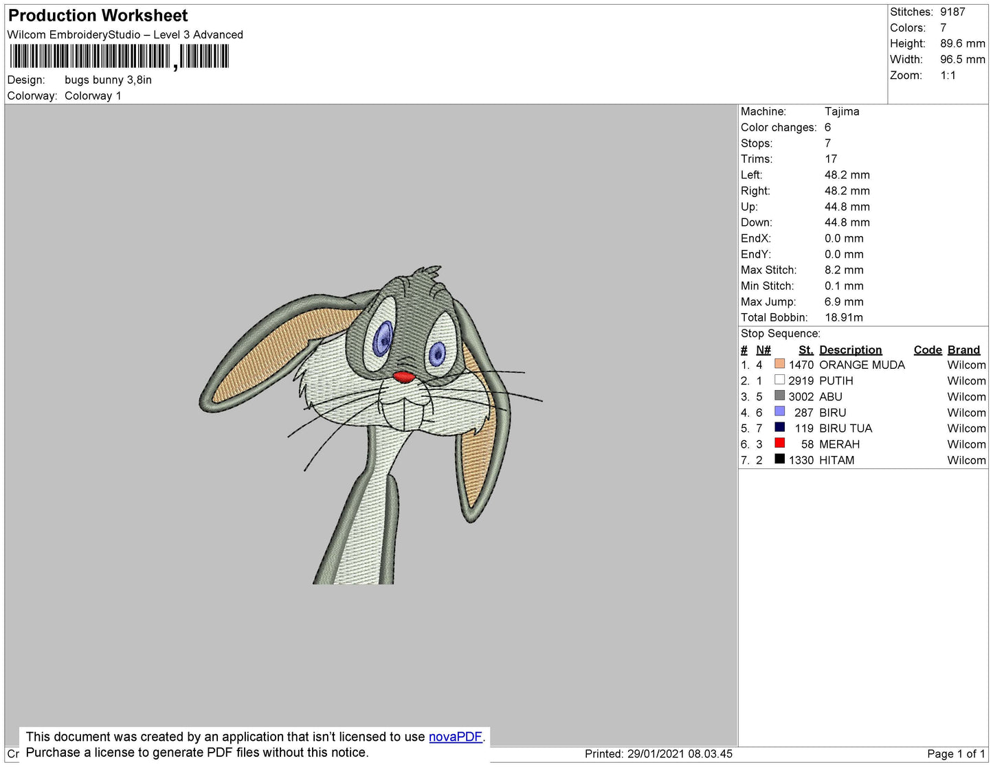 Bugs Bunny Embroidery Machine Design File
