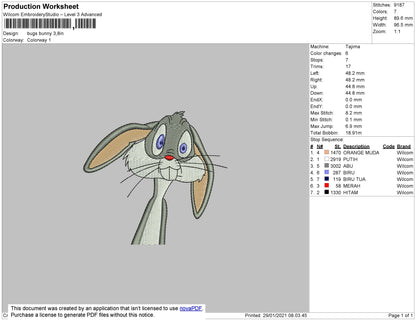 Bugs Bunny Embroidery Machine Design File