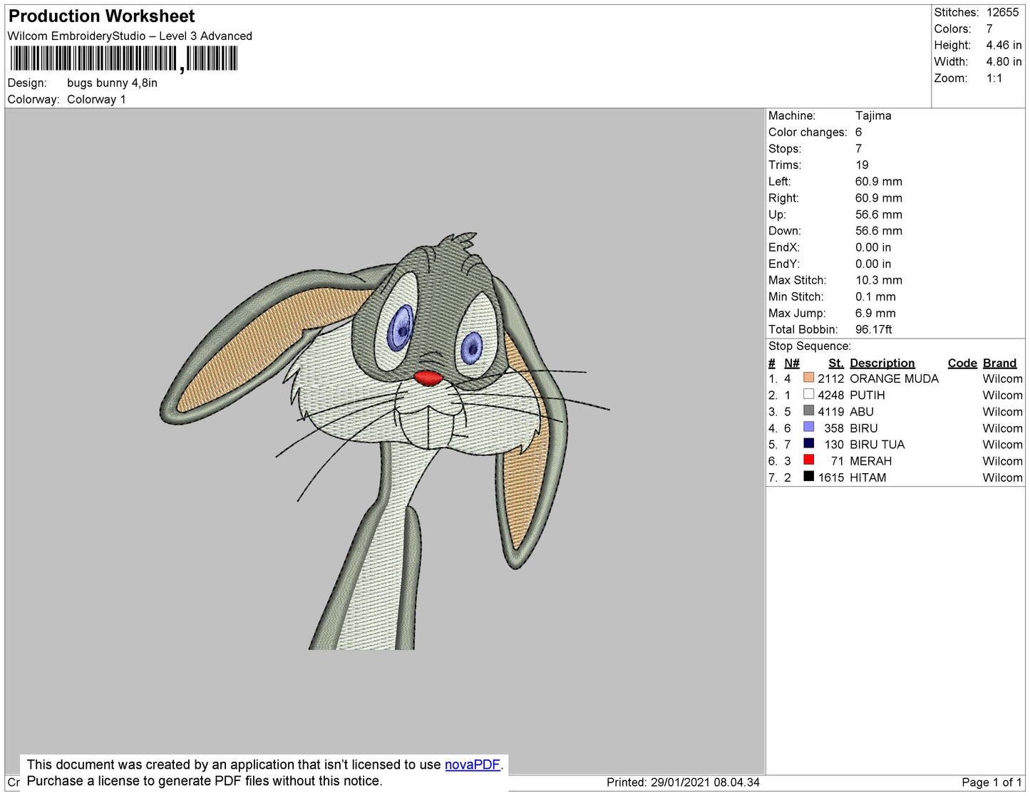 Bugs Bunny Embroidery Machine Design File