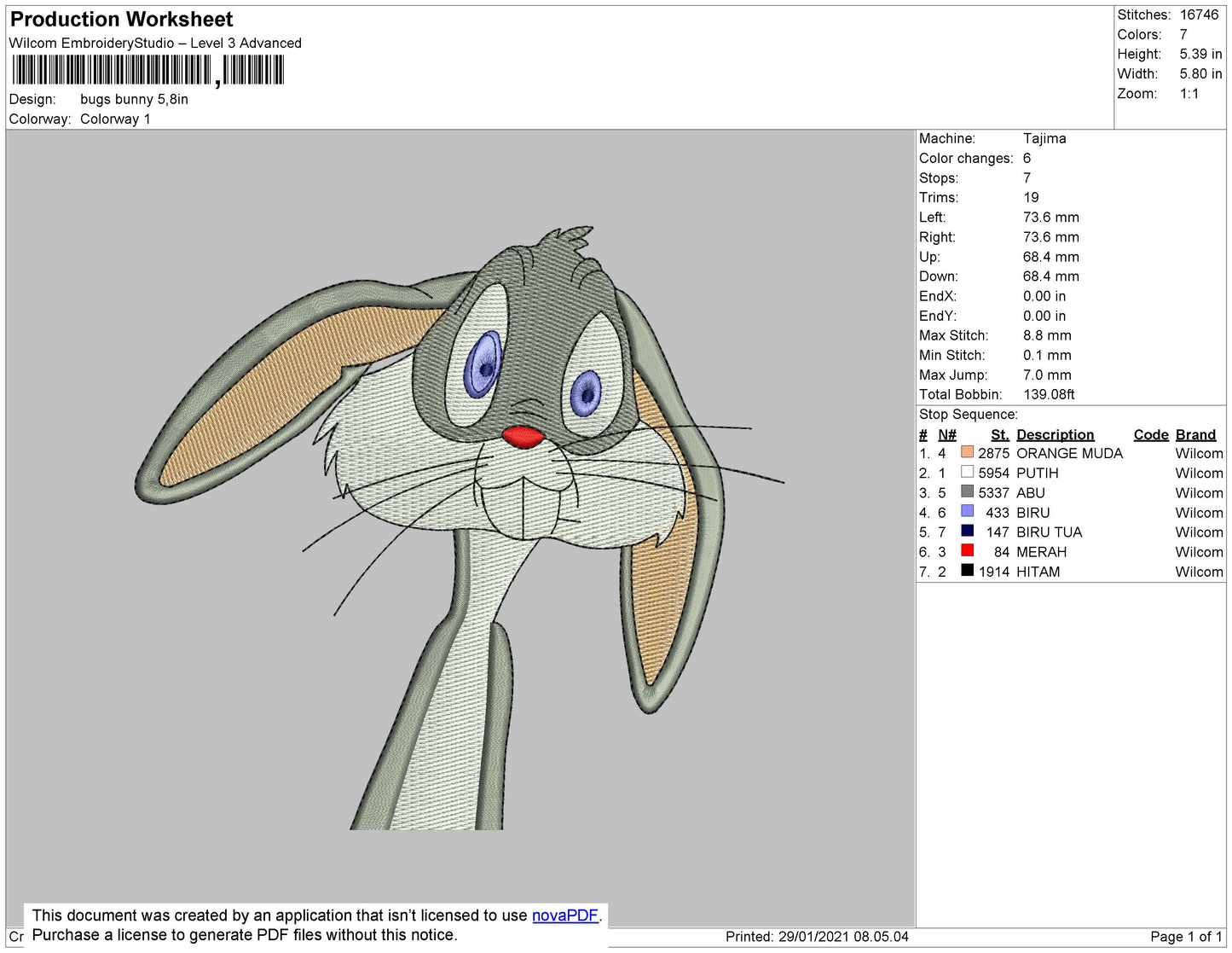 Bugs Bunny Embroidery Machine Design File