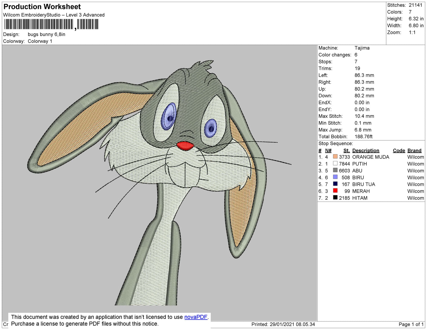 Bugs Bunny Embroidery Machine Design File