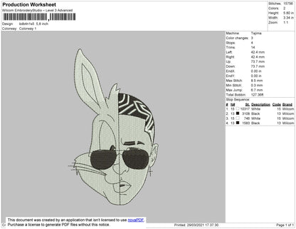 Bad Bunny White Embroidery File 4 size