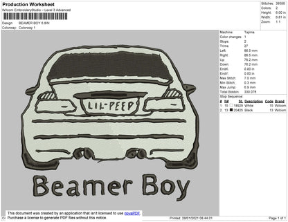 Beamer Boy Embroidery File 5 size