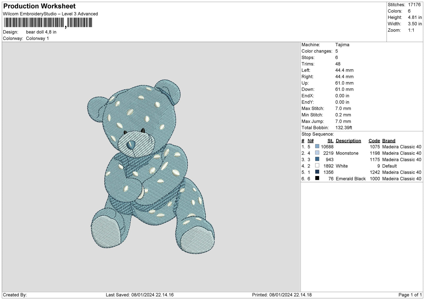 Bear Doll Embroidery File 6 sizes