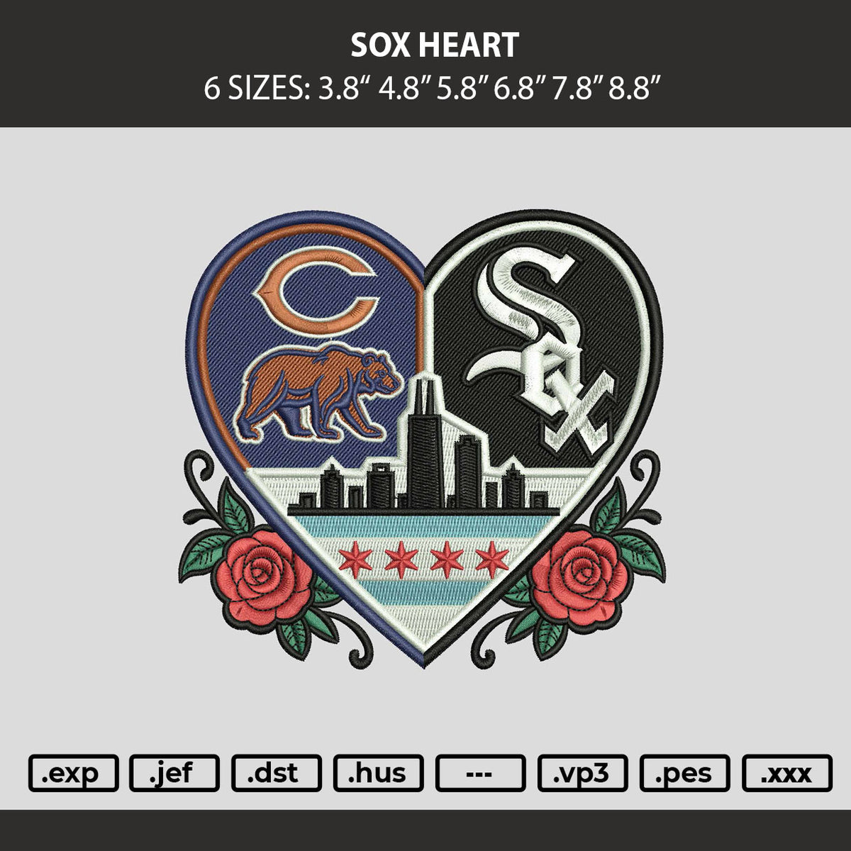 Sox Heart Embroidery Machine Design File 6 sizes