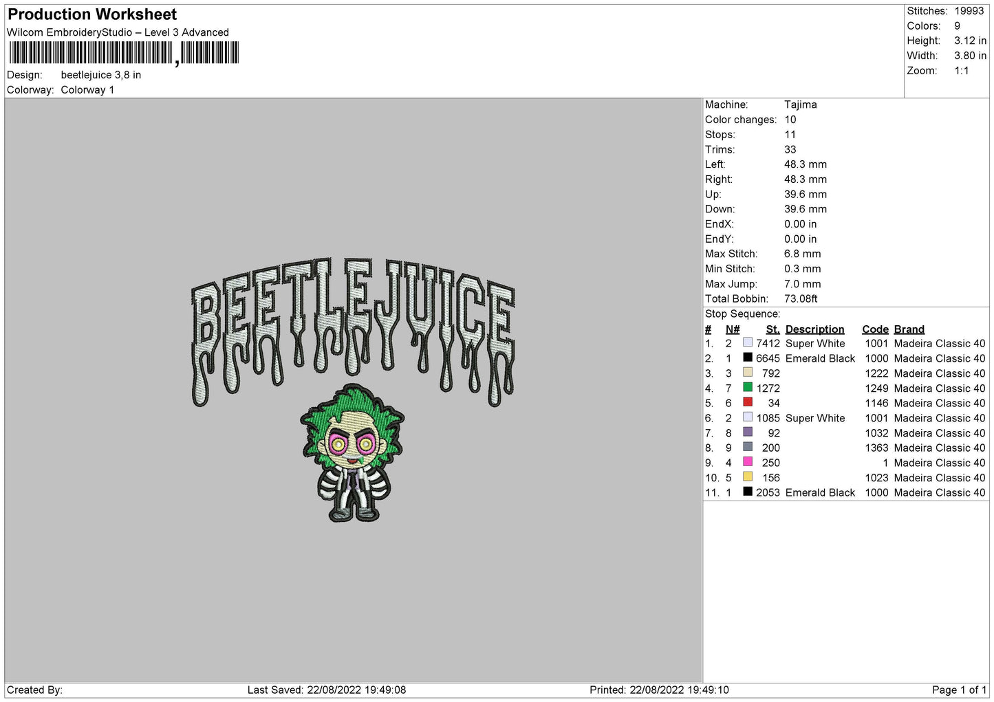 Beetlejuice Embroidery File 5 sizes