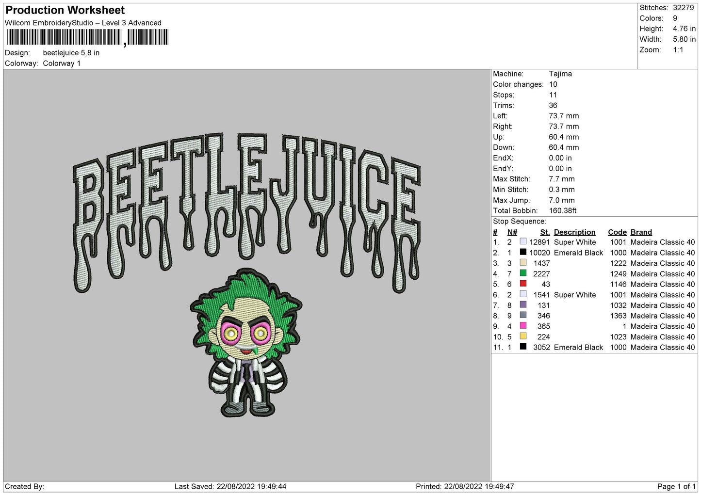 Beetlejuice Embroidery File 5 sizes