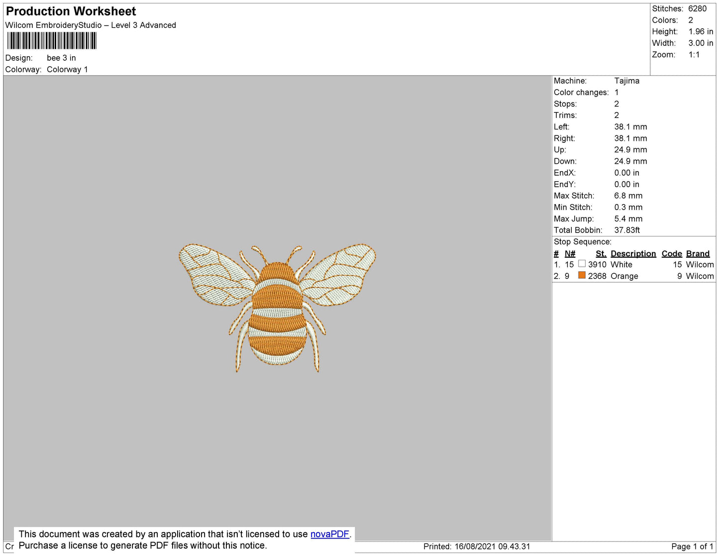 Bee Embroidery Design File 4 size