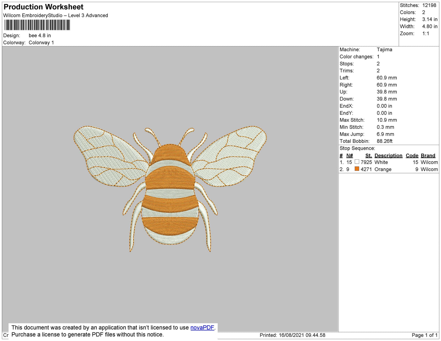 Bee Embroidery Design File 4 size