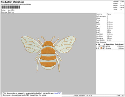 Bee Embroidery Design File 4 size