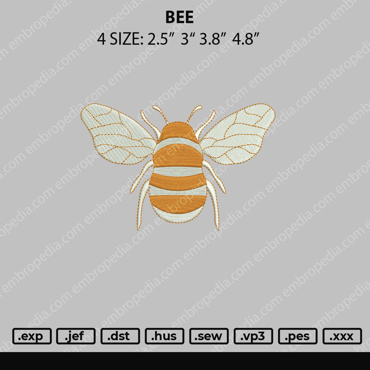 Bee Embroidery Design File 4 size