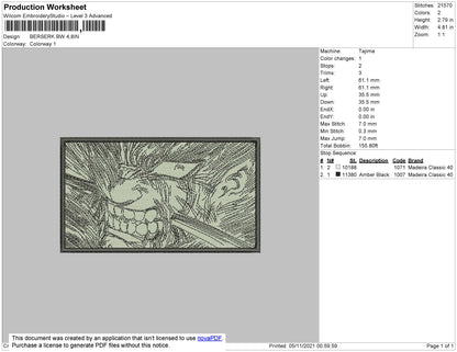 Berserk BW Embroidery File 4 size