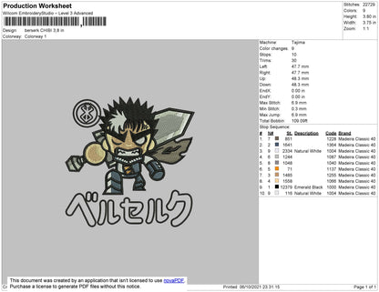 Berserk Chibi Embroidery File 4 size