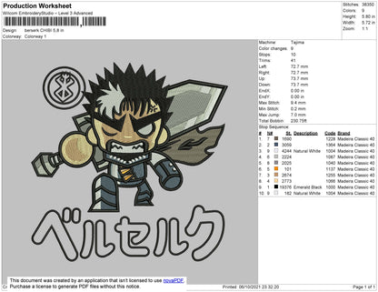 Berserk Chibi Embroidery File 4 size