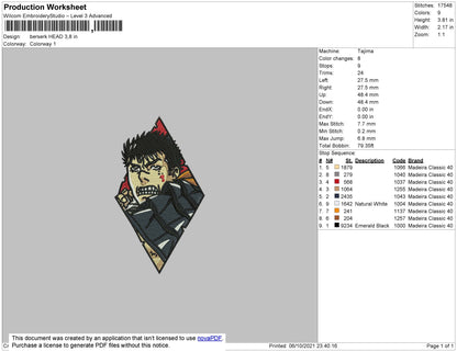 Berserk Head Embroidery File 4 size