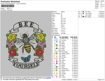 Bee Yourself Embroidery Design File 5 size