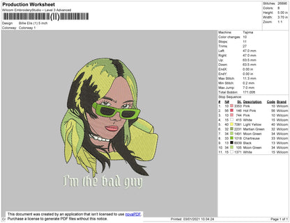 Billie Ellish Embroidery File 5 size