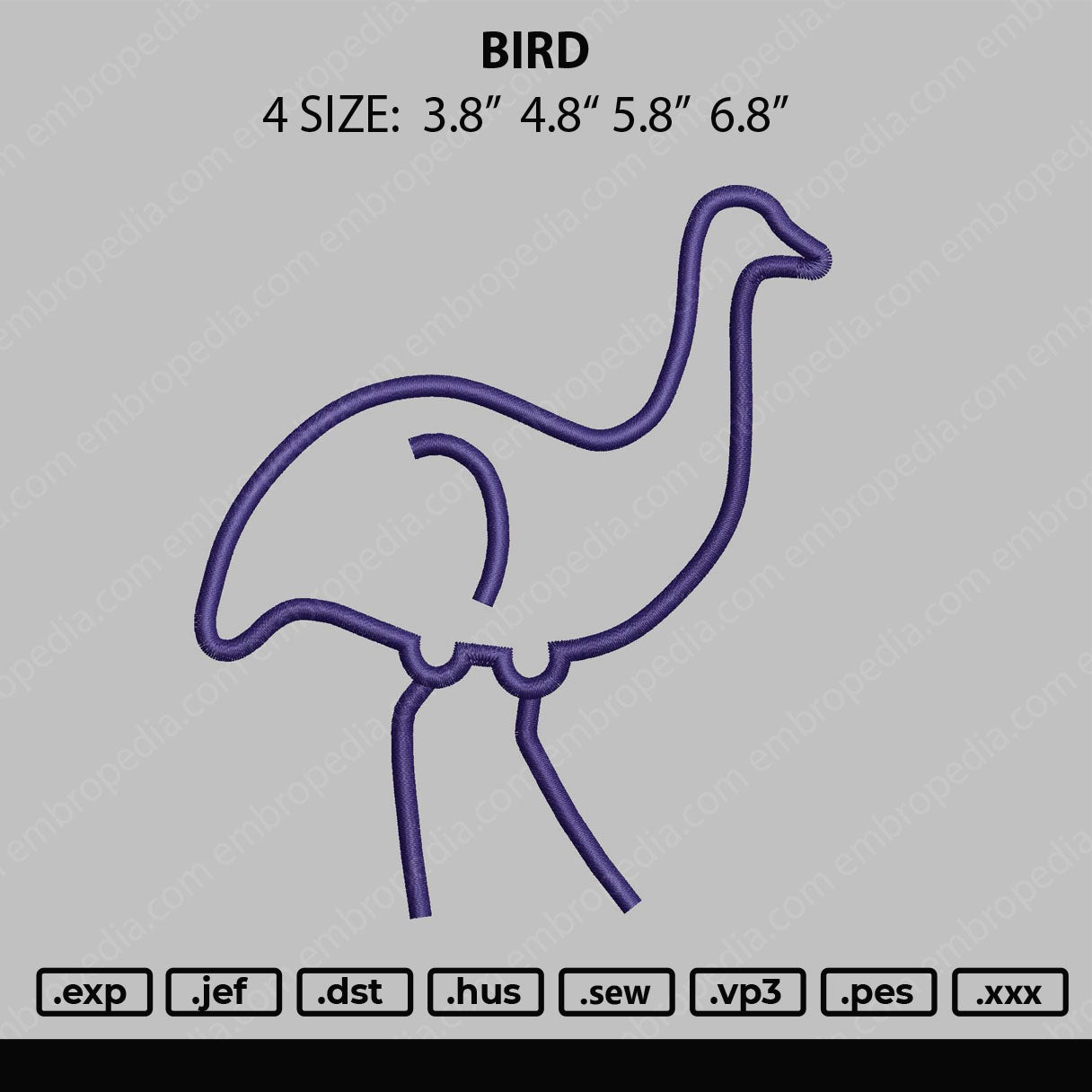 ostrich Bird Outline Embroidery Design File 4 size