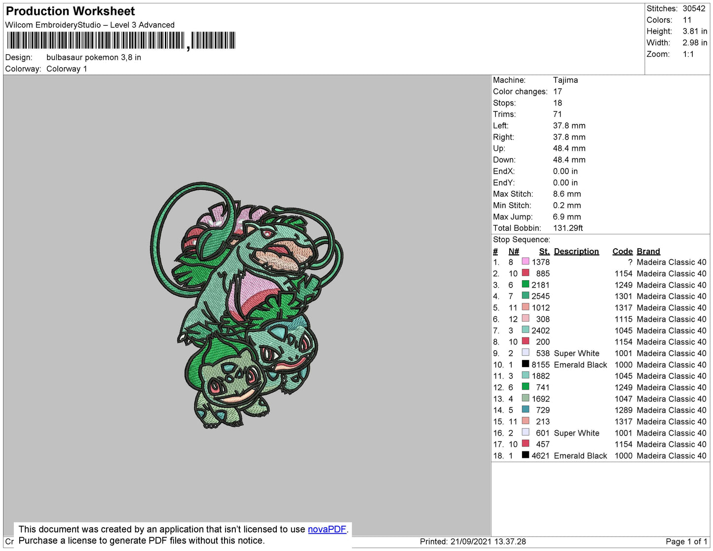 Bulbasaur Embroidery Machine Design File 4 size